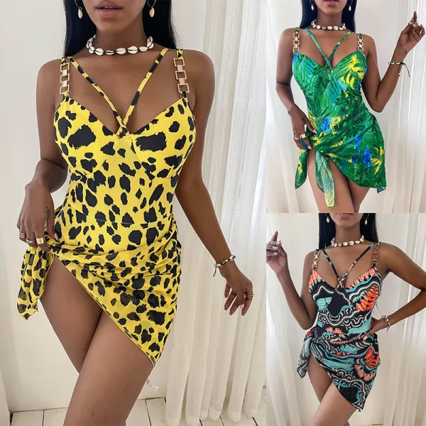 Printed One-Piece Swimsuit with Matching Cover-Up Skirt