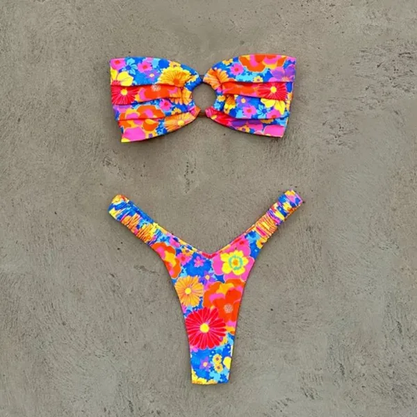 Floral Print Pleated Bikini Set