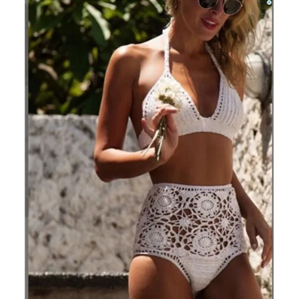 Crochet Floral High-Waist Bikini Set