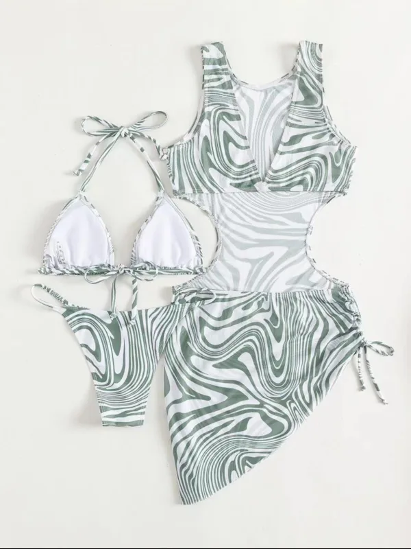 Botanical Print Three-Piece Bikini and Sarong Set