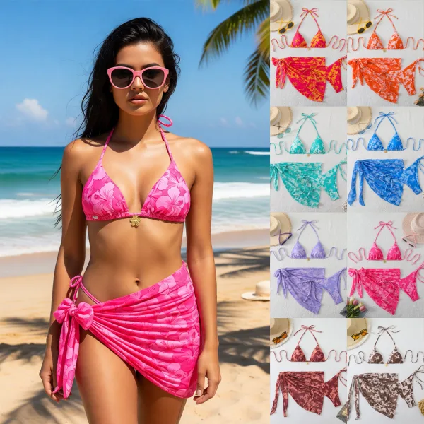 Floral Print Triangle Bikini Set with Matching Sarong