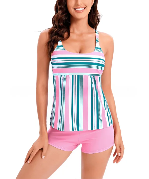 Striped High-Coverage Bikini Set with Boxer Briefs