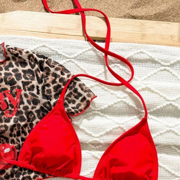 Cherry Blossom Three-Piece Bikini Set with Matching Cover-Up