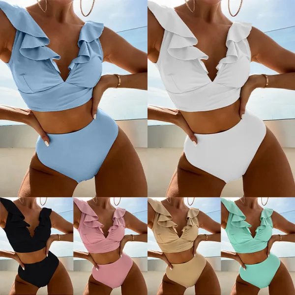 Lace Trim Deep V-Neck Bikini Set