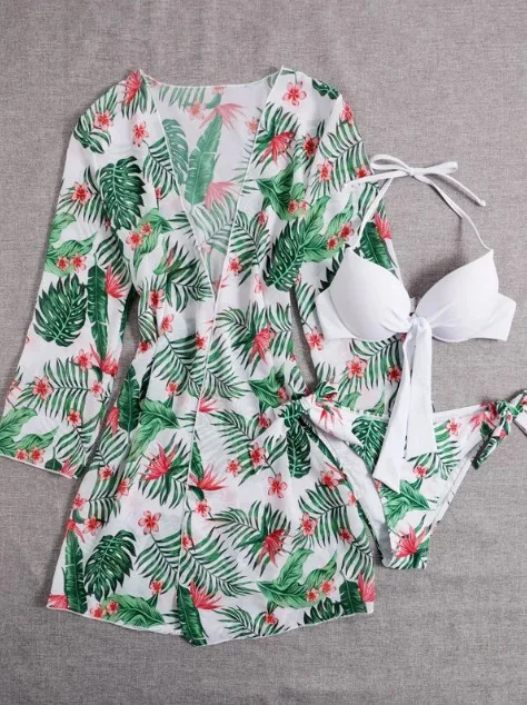 Three-Piece Bikini Set with Coordinating Mesh Cover-Up