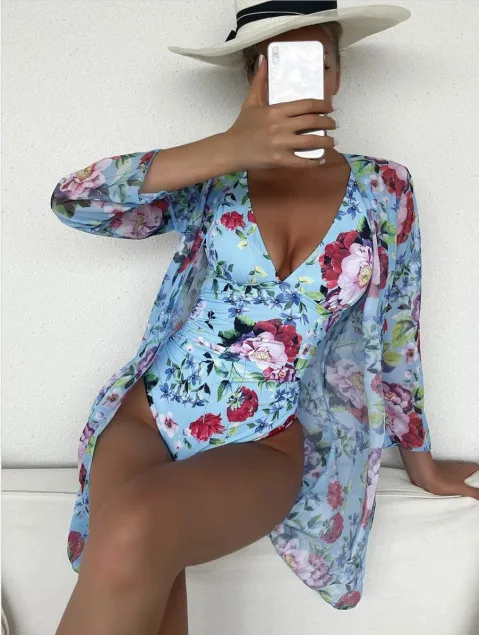 Botanical Print Three-Piece Swimsuit and Cover-Up Set