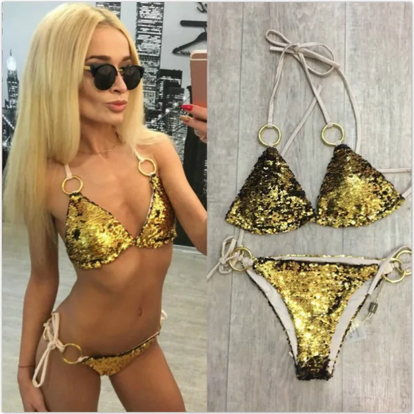 Sequin Lace-Up Bikini Set