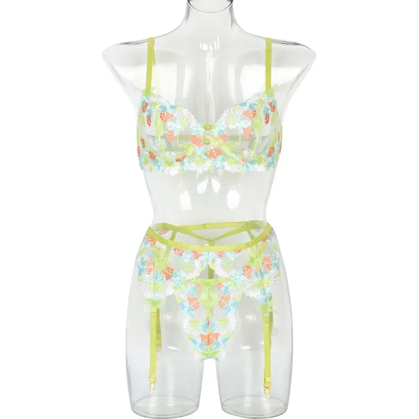 Verdant Floral Mesh Three-Piece Bikini Set