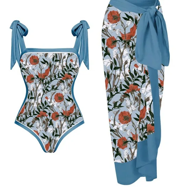 Floral Printed Two-Piece Swimsuit and Sarong Skirt