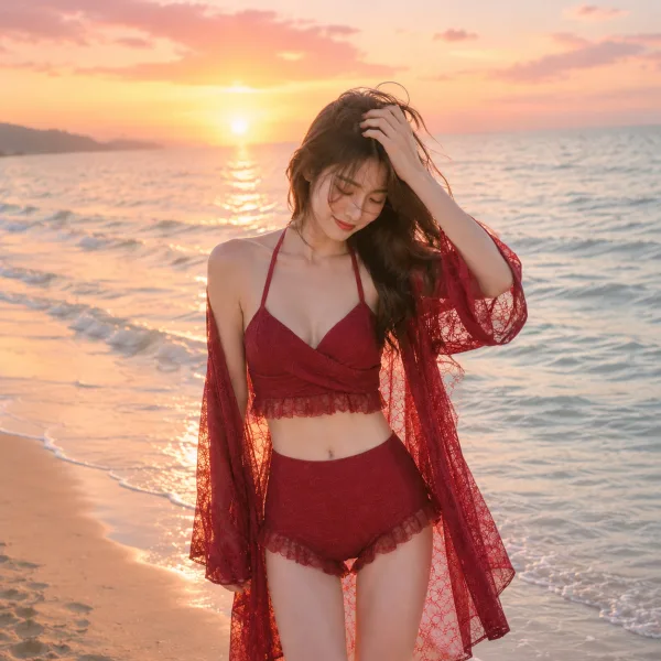 Solid Lace Three-Piece Bikini Set