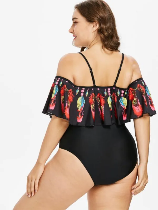 One-Piece Swimsuit with Feather Shoulder Detail