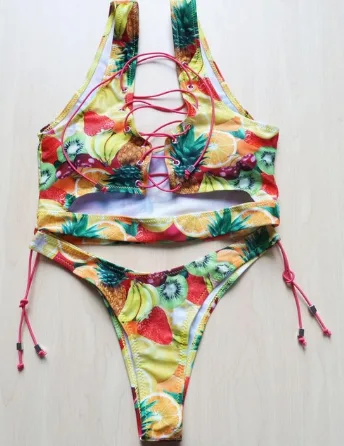 Pineapple Print Lace-Up Bikini Set