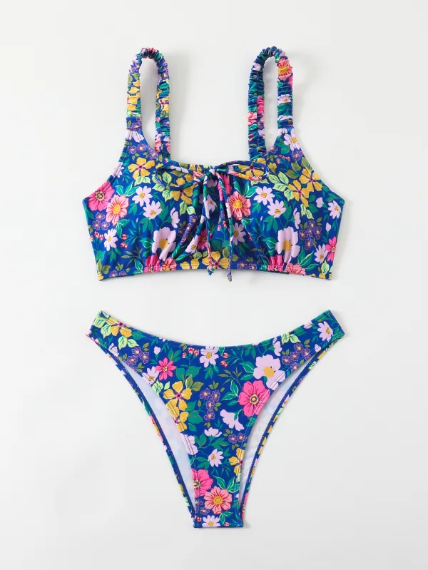 Floral Print Bralette Bikini Set with Ruched Straps