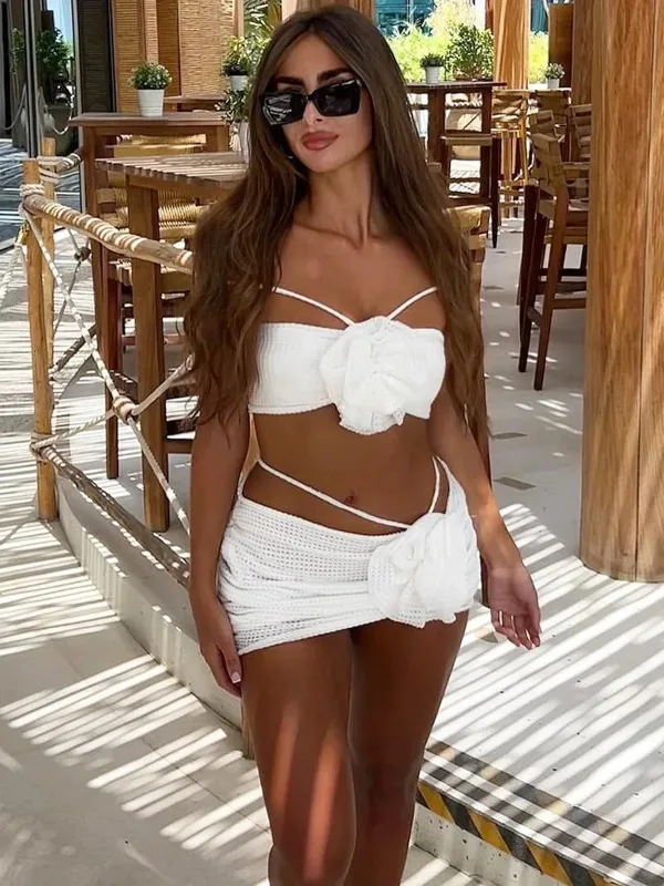Floral Embellished Three-Piece Bikini Set