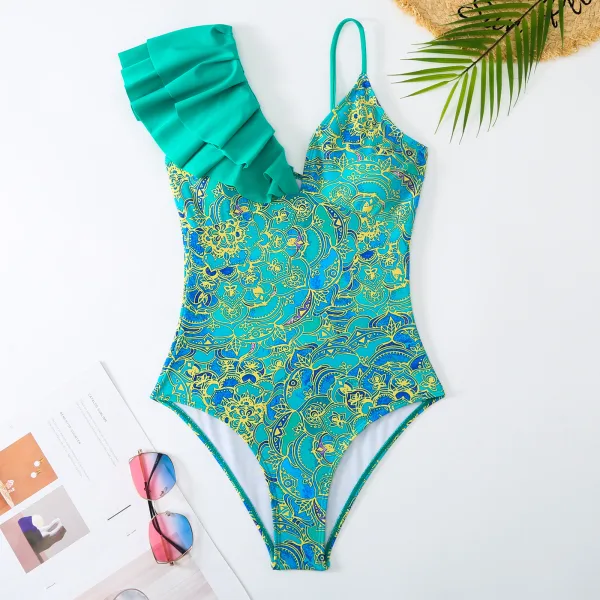One-Shoulder Ruffled Swimsuit with Floral Print