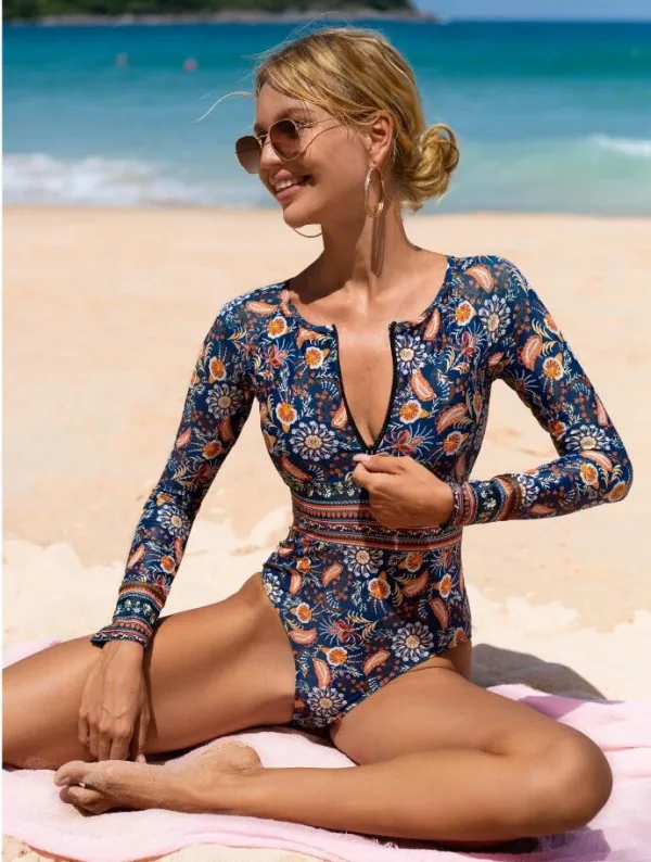 Long-Sleeve Printed One-Piece Swimsuit