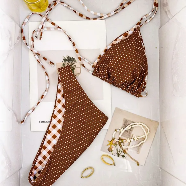 Retro Plaid and Polka-Dot Bikini Set