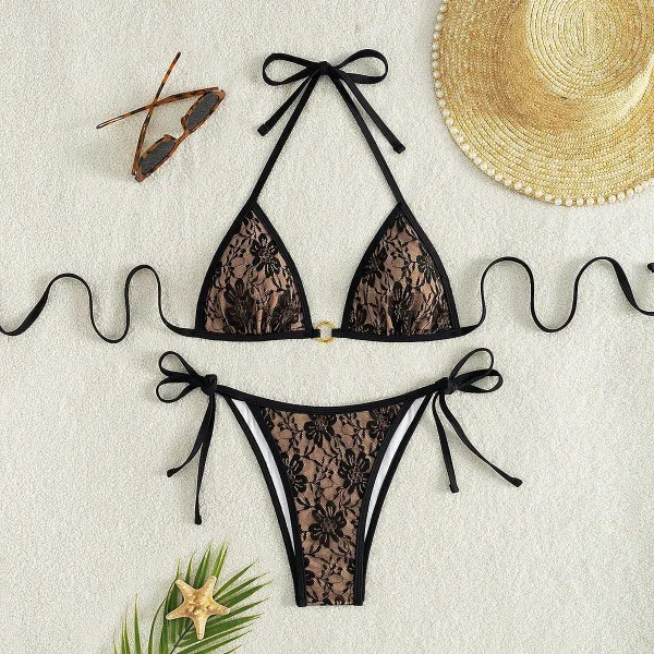 Lace Triangle Bikini Set with Strappy Back Detail