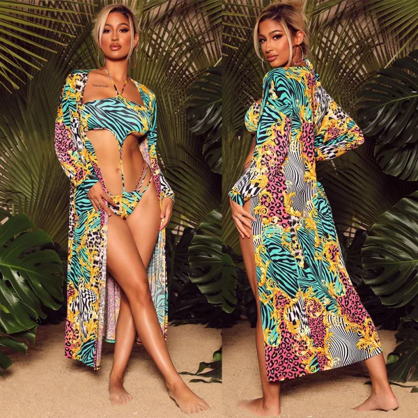 Coastal Print Bikini Set with Matching Long-Sleeve Cover-Up