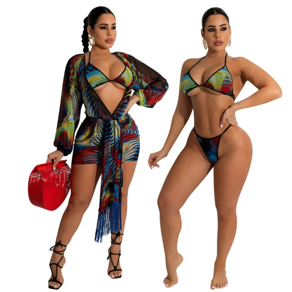 Azure Mesh Three-Piece Bikini Set