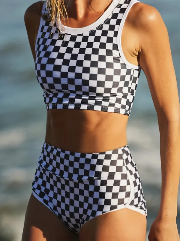 Checkerboard Print Sporty Two-Piece Bikini Set