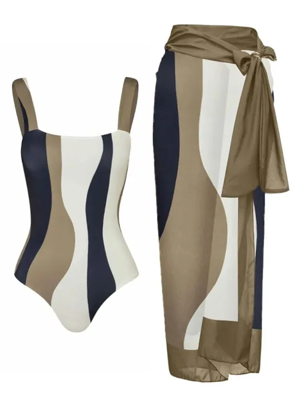 Striped One-Piece Swimsuit with Coordinating Gauze Skirt