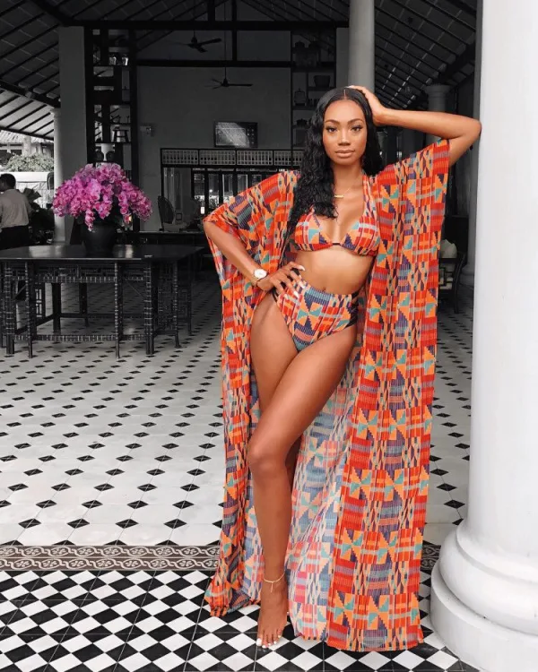 Printed Three-Piece Bikini and Cover-Up Set