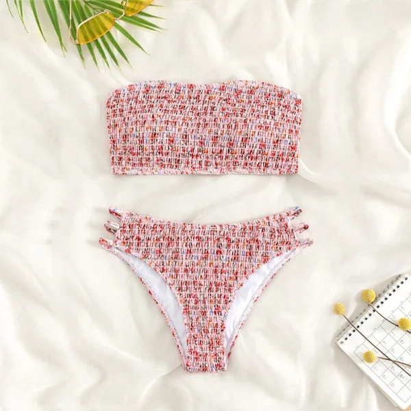 Floral Strapless Bikini Set with Back Detail