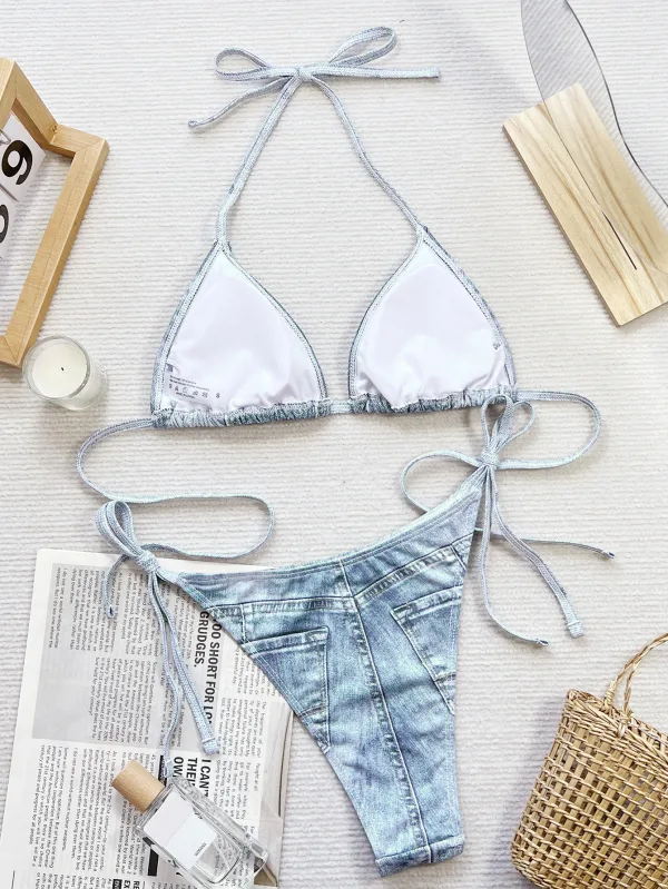 Denim Print Triangle Bikini Set