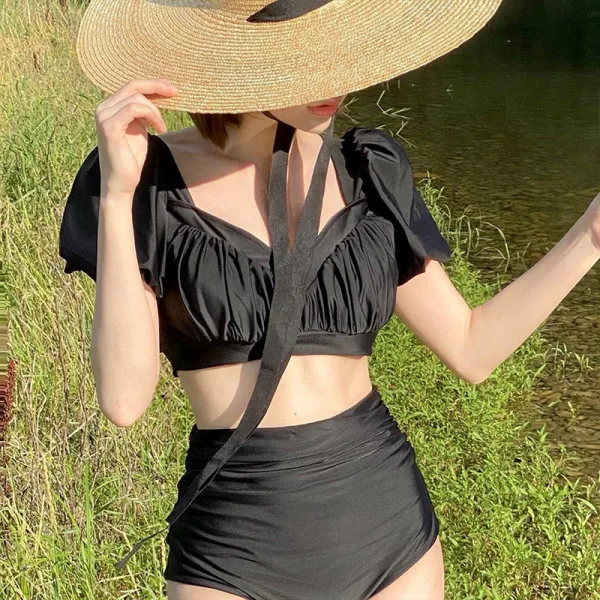 French Retro Puff Sleeve High-Waist Bikini Set