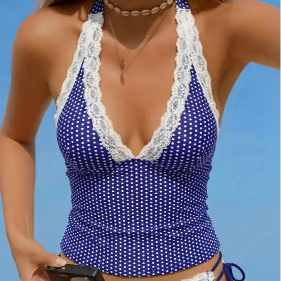 Polka Dot Lace V-Neck Bikini Set