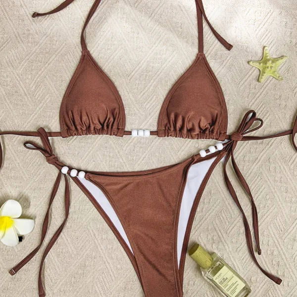 Lace-Up Beaded Bikini Set in Coffee