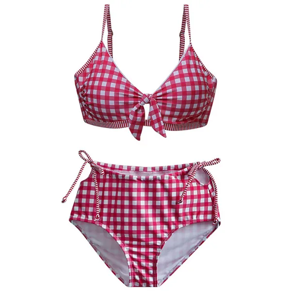 Pink Plaid High-Waist Bikini Set