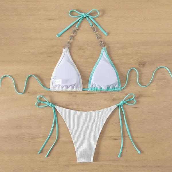 Pearl Embellished Lace-Up Bikini Set