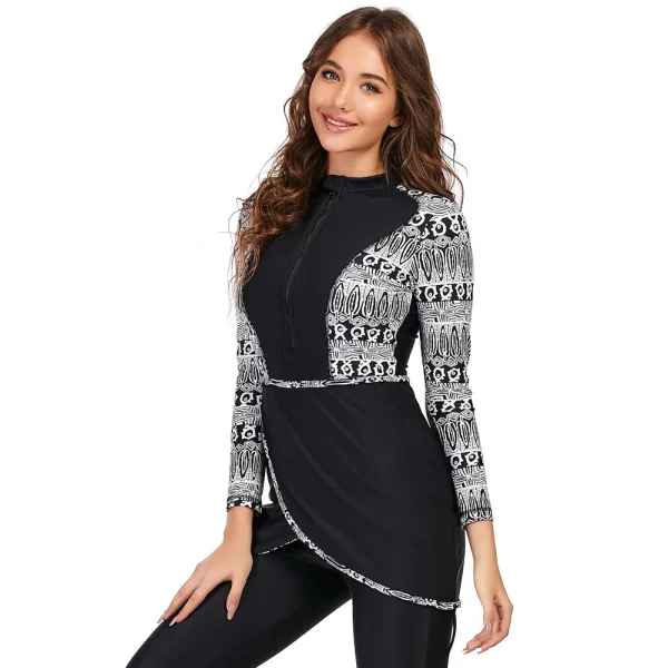 Geometric Print Long-Sleeve Modest Swimsuit