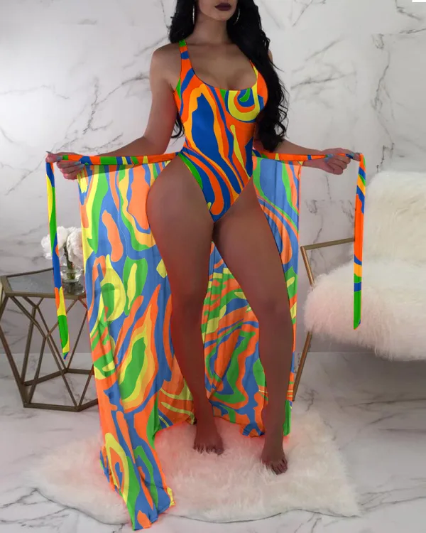 Three-Piece Bikini Set with Coordinating Mesh Cover-Up