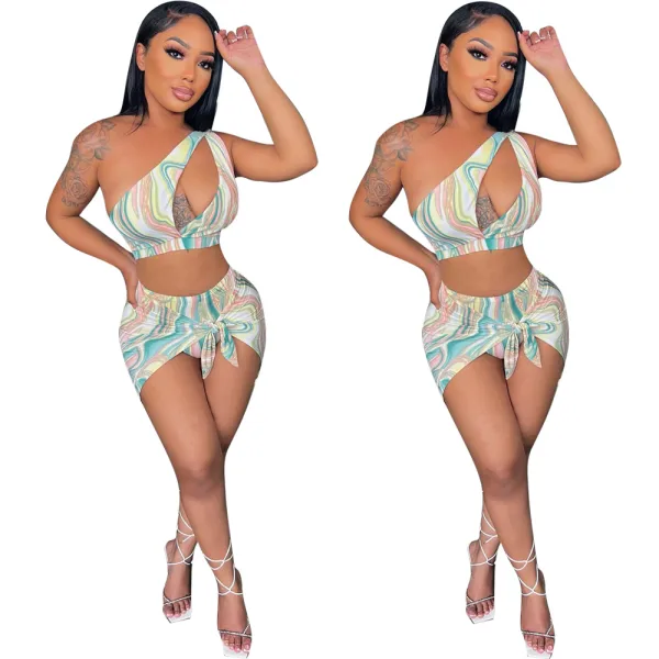 Azure Printed Three-Piece Bikini and Sarong Set