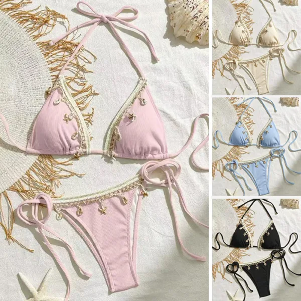 Halterneck Triangle Bikini Set with Lace-Up Detail