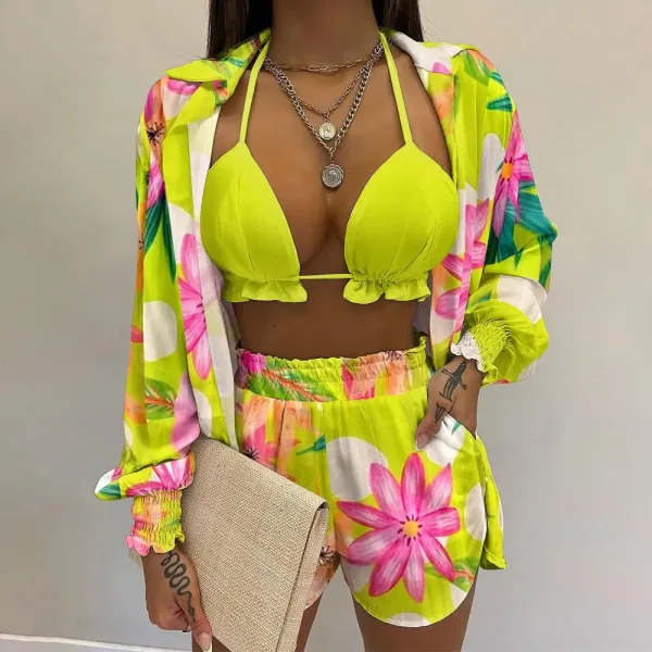Three-Piece Printed Bikini Set with Long-Sleeve Shirt