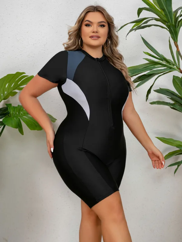 Sporty Short-Sleeve Zip-Front One-Piece Swimsuit