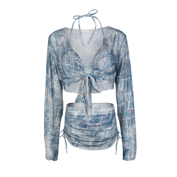 Blue Plaid Four-Piece Bikini Set