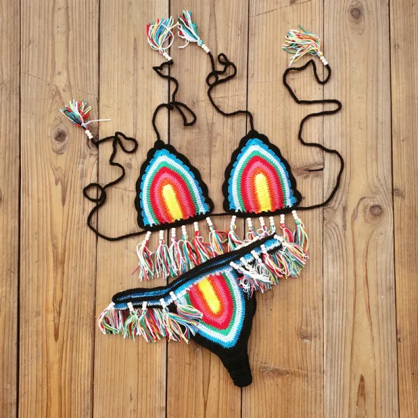Rainbow Crochet Bikini Set with Tassel Detail