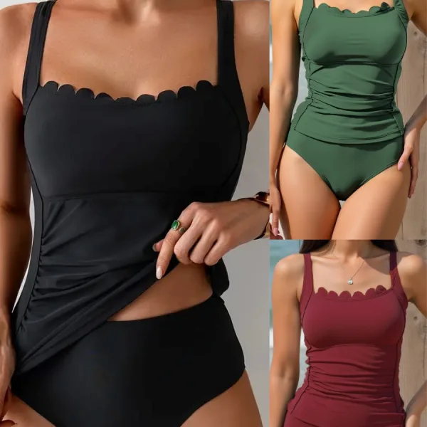 Wavy-Edged Bikini Set with Shoulder Detailing