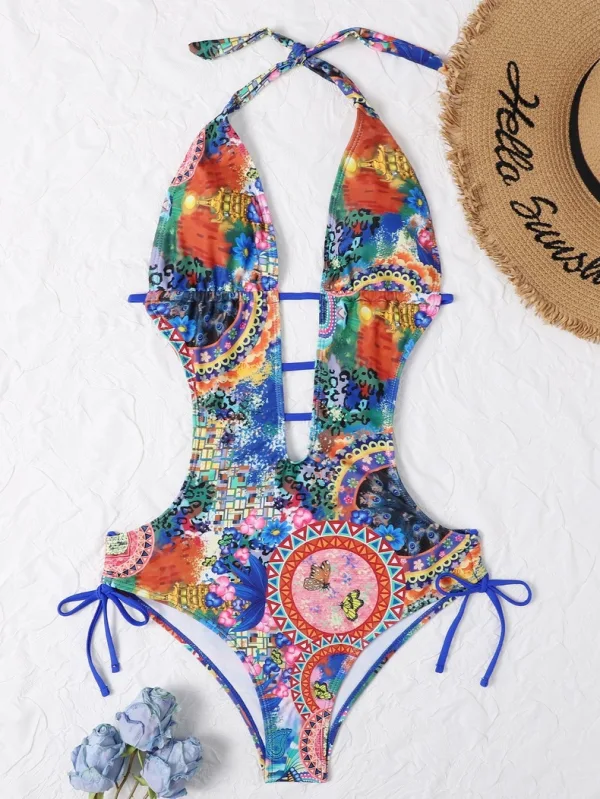 Printed Lace-Up High-Waist Bikini Set