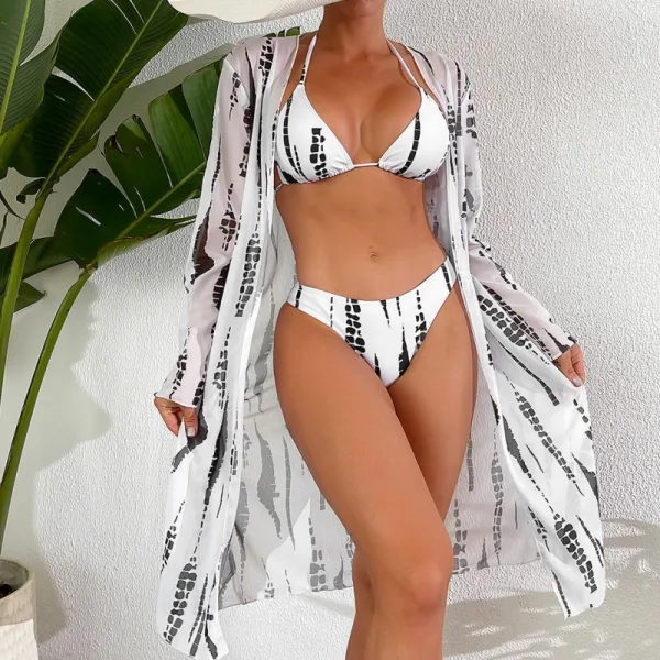 Striped Three-Piece Bikini and Mesh Cover-Up Set