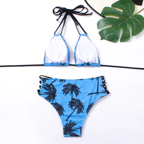 Palm Print Tie-Front Bikini Set