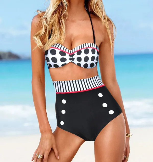 Retro High-Waist Bikini Set with Halter Neck