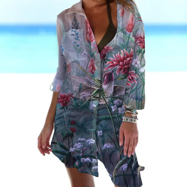 Bird and Flower Print Beach Cover-Up Cardigan