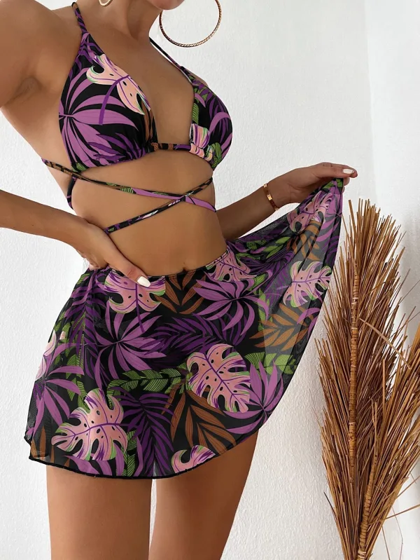 Leaf Print Three-Piece Bikini and Wrap Skirt Set