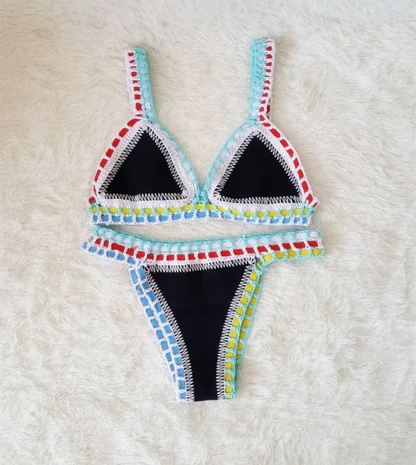 Hand-Crochet Bikini Set with Vibrant Color-Block Detail